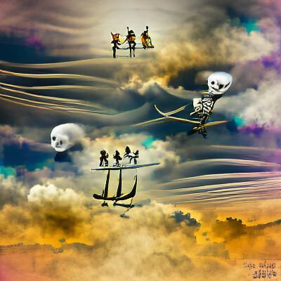 Skeletal Pirate Ship Sailing the Sky