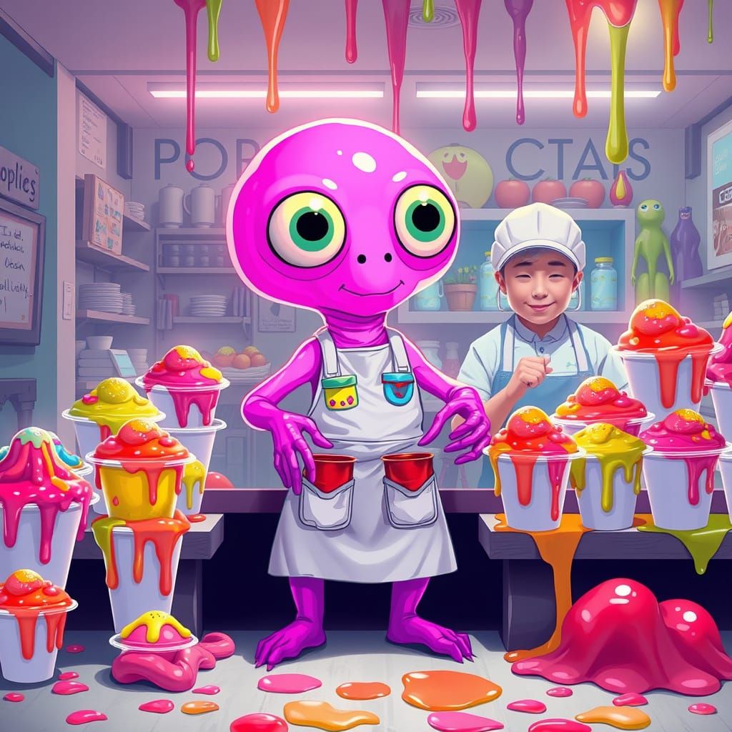 Pink Jelly Alien Sells Jelly in Surreal Neon Shop