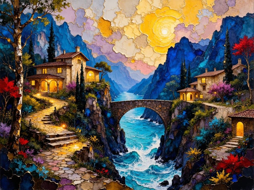 Vibrant Impasto Bridge Between Mountain Villas