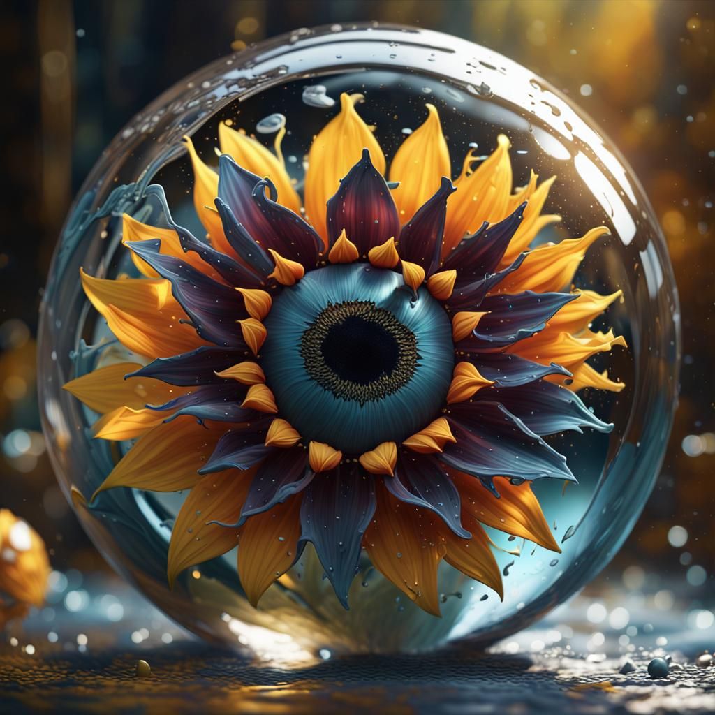 Sunflower in Glass Orb: Hyperrealistic Digital Art