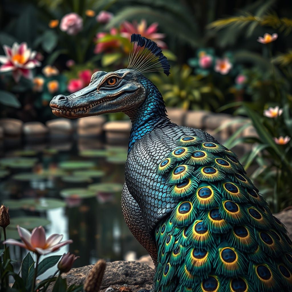 Hyper-Realistic Crocodile-Peacock Hybrid in Tropical Garden