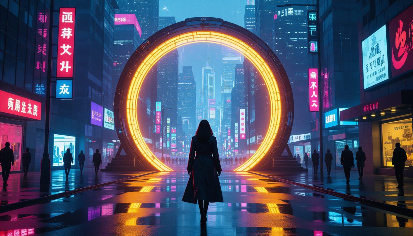 Woman Approaches Glowing Archway in Futuristic Cyberpunk Cit...