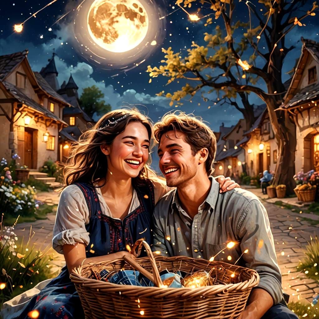 Romantic Couple in Moonlit Village: Fantasy Art