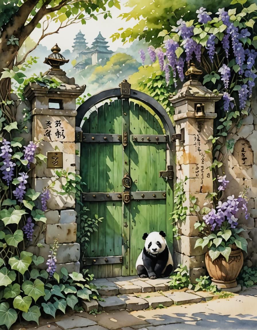Panda Cub at Ivy-Covered Gate: Watercolor Style