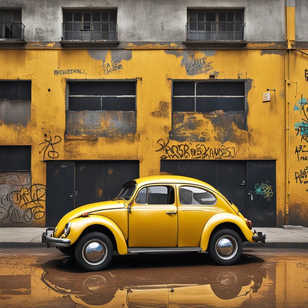 Rusted Yellow Beetle in Urban Graffiti Setting