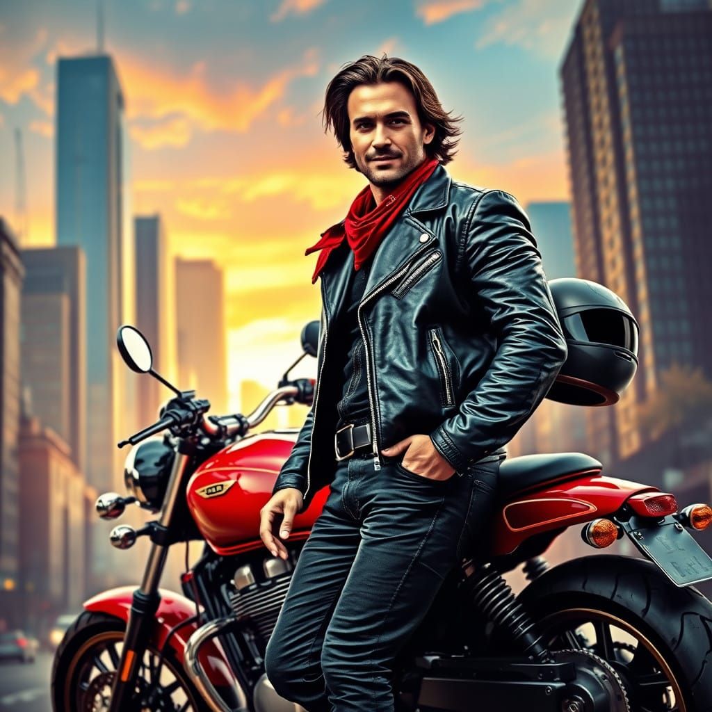 Rugged Biker in Deep Red Motorcycle, Cityscape Backdrop