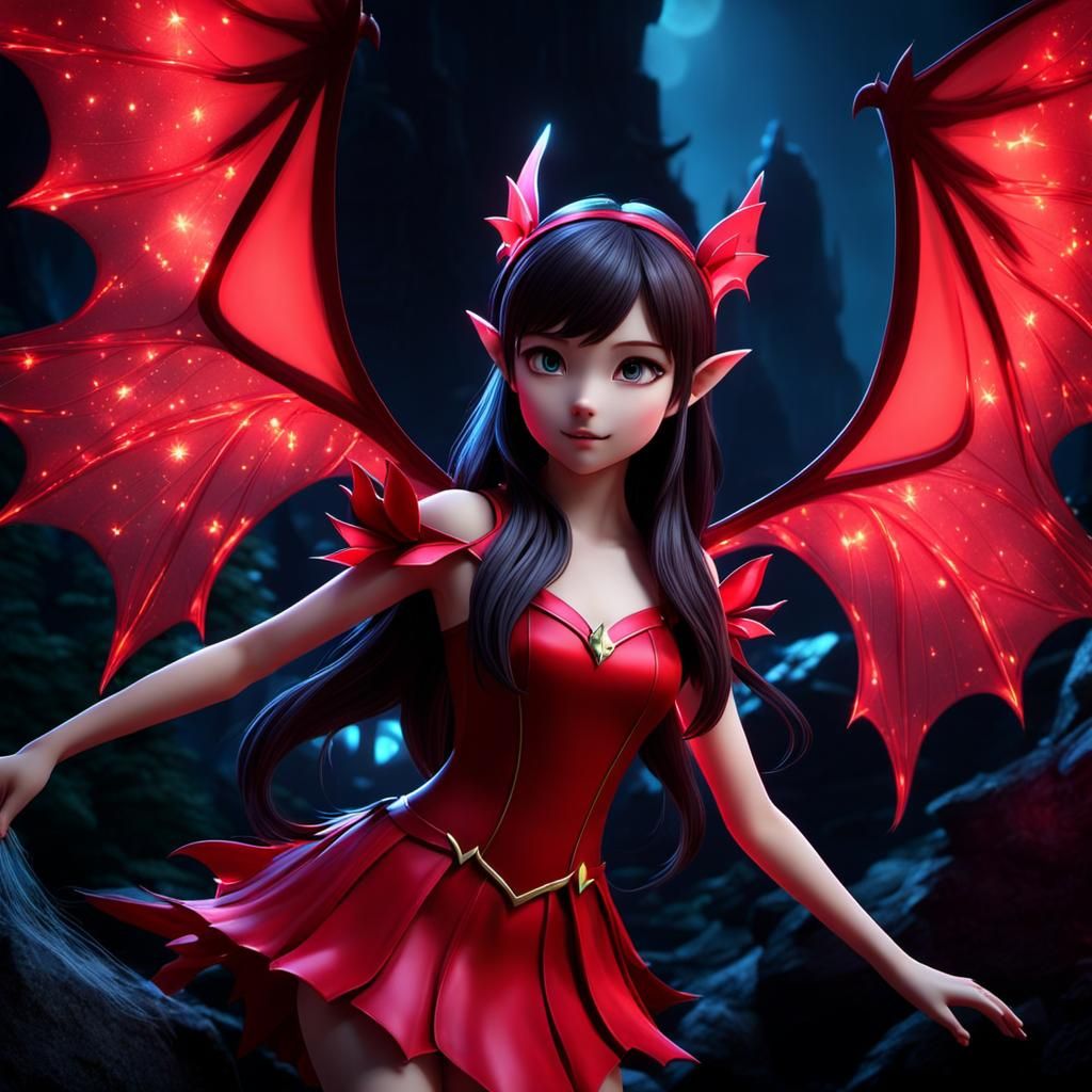 Glowing Fairy with Bats in 3D Anime Style
