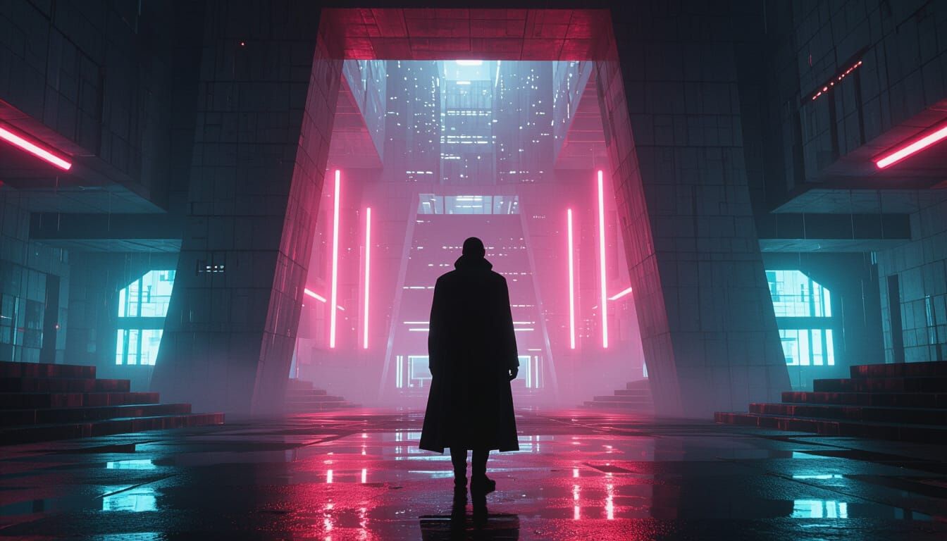 Brutalist Archway with Futuristic Neon Lighting