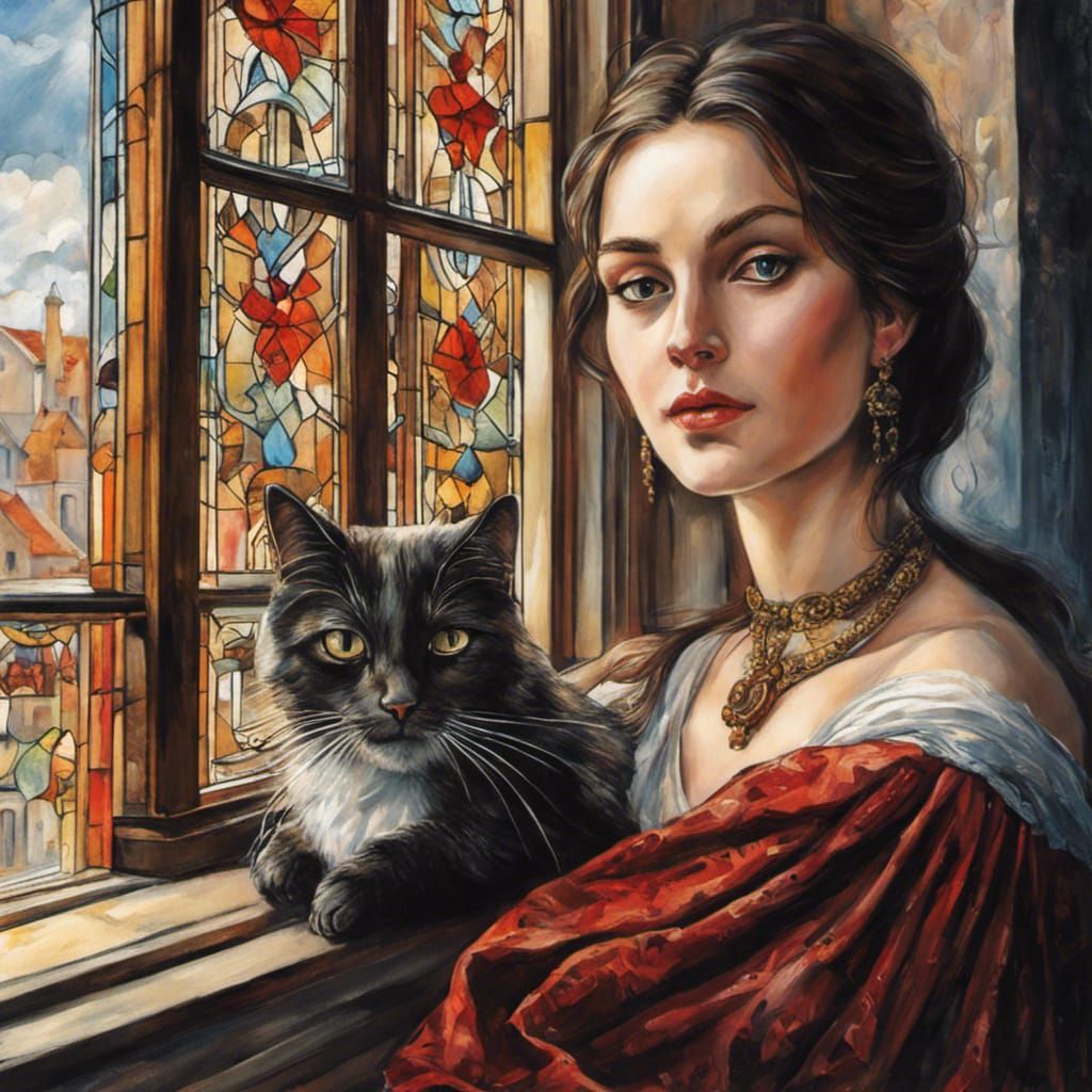Woman and Cat at Window in Impressionist Style