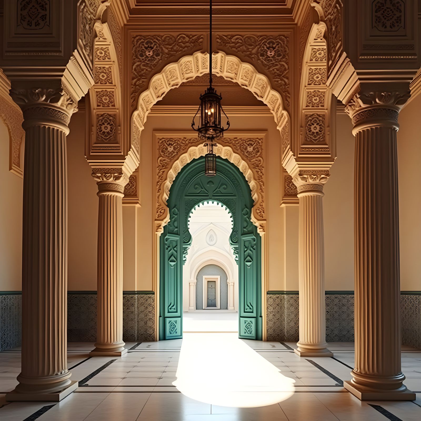 Ornate Moroccan Interior with Teal Arched Doorway