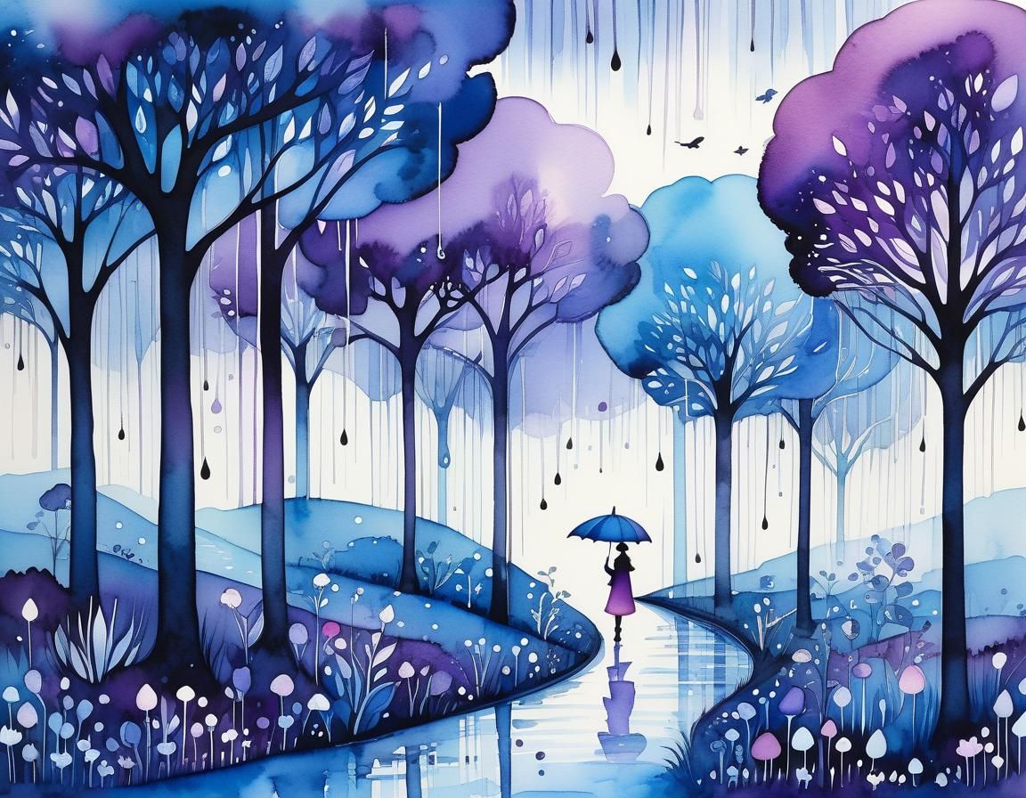 Whimsical Twilight Rain Scene in Watercolor Style