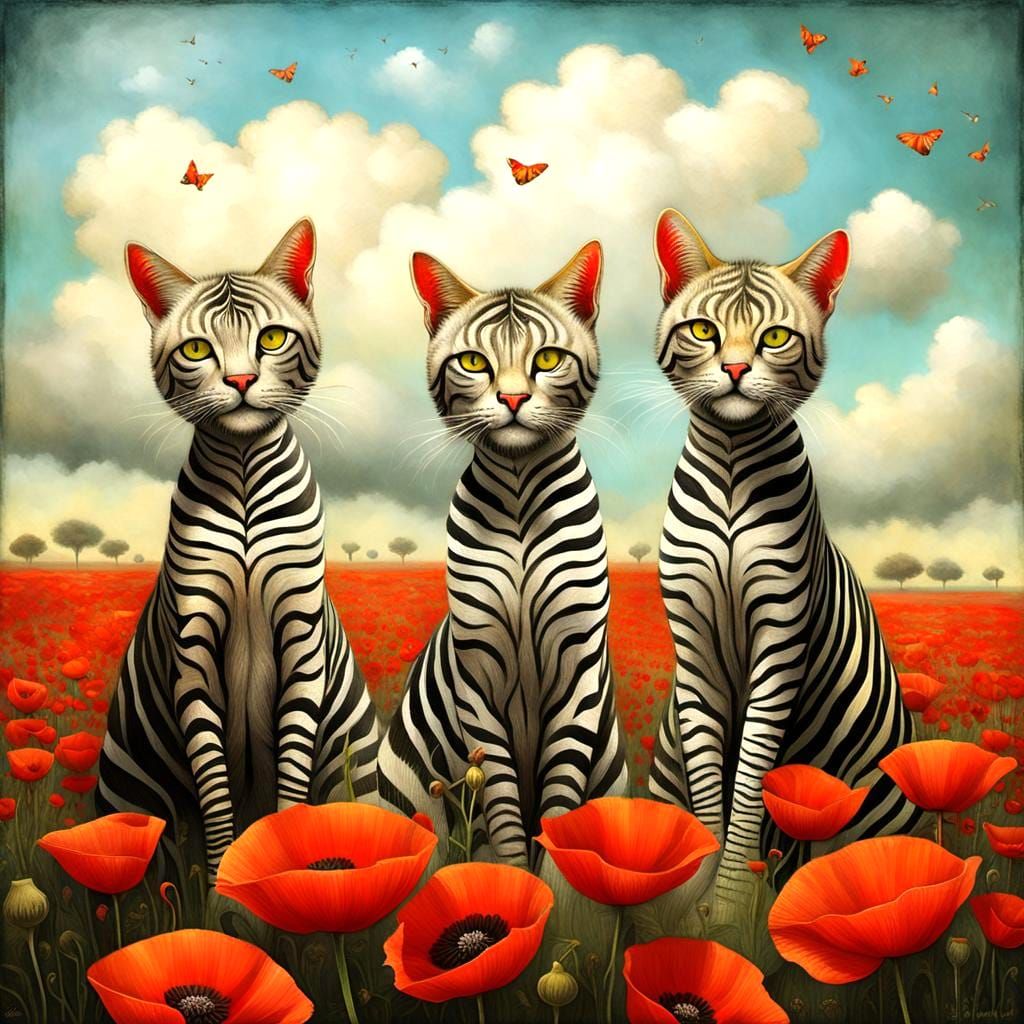 Zebra cats posing in a poppy field