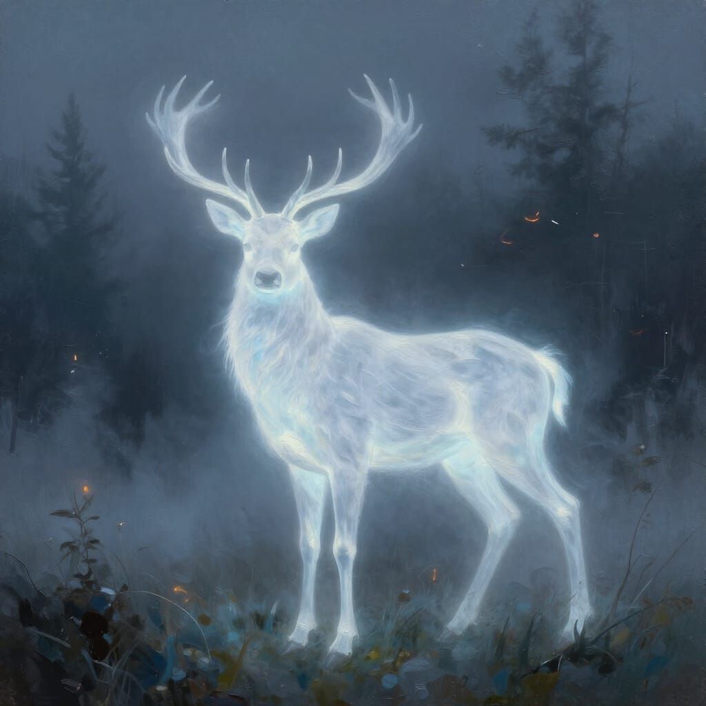 Spectral Stag in Foggy Clearing as Oil Painting