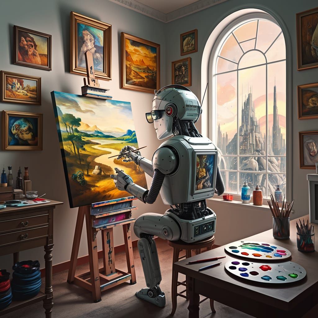 Robot Artist in Atelier Painting a Landscape