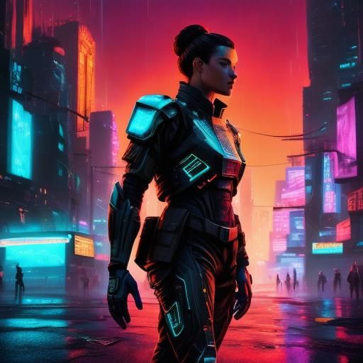 Cyberpunk Colonel Valerie Casey in Neon Cityscape