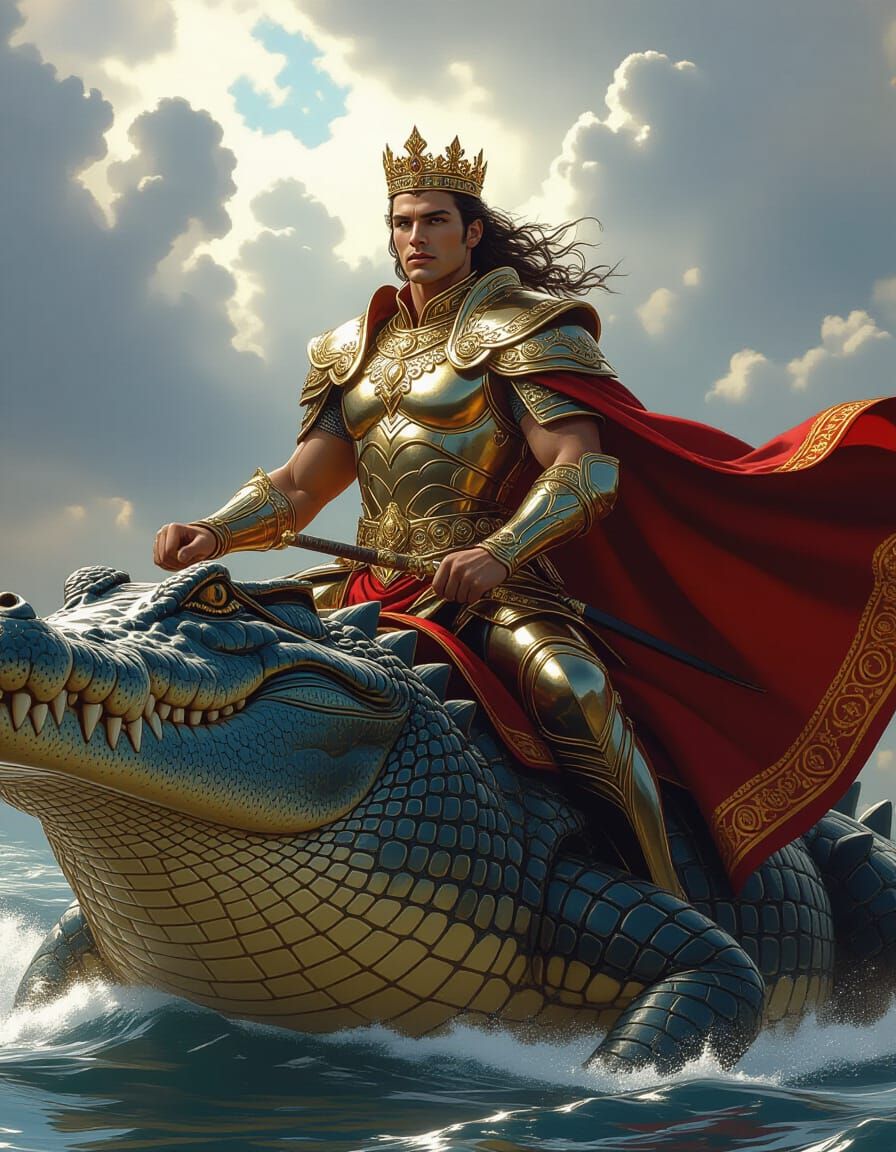 Warrior Prince on Crocodile in Cinematic Fantasy Style