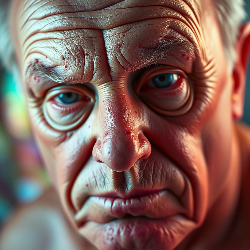 Vibrant Rainbow Portrait with Macro Wrinkles and Freckles