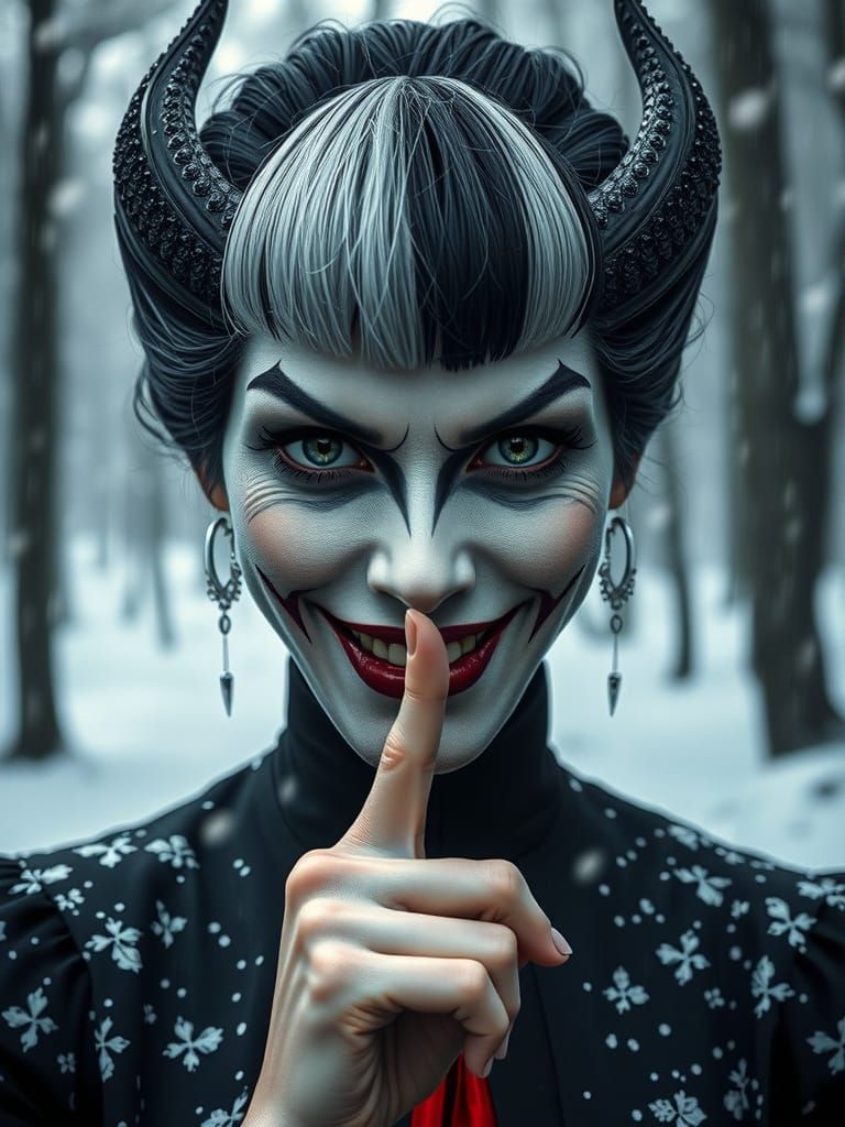Cruella's Evil Smile in a Winter Forest, Hyperrealistic Styl...