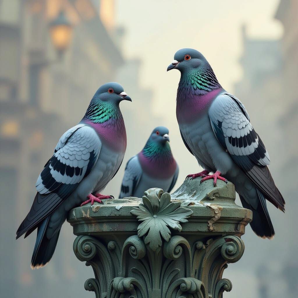 Hyperdetailed Airbrush Art of Pigeons on a Statue