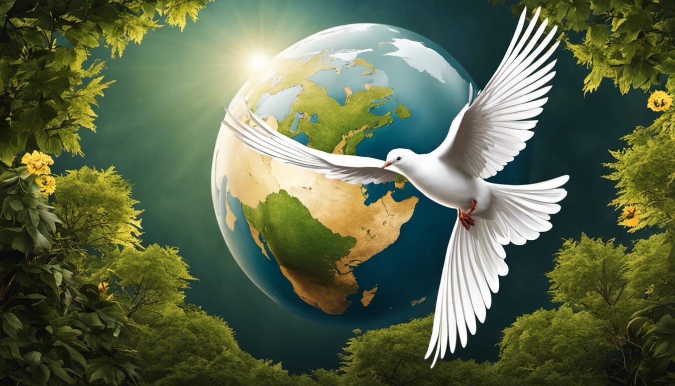 Dove Carrying World Globe Over Floral Waterfall