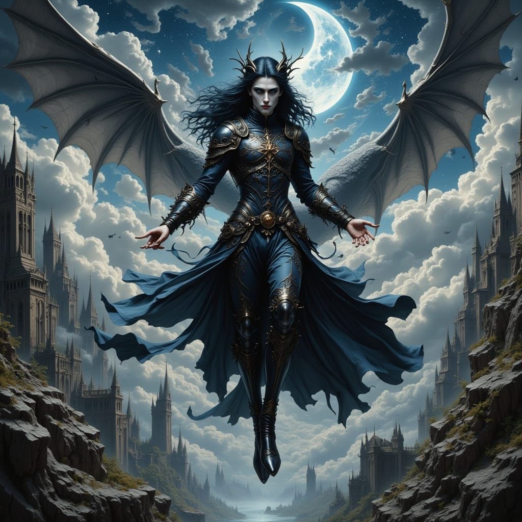 Dark Elf Ninja Leaps Across Chasm in Neo-Baroque Style