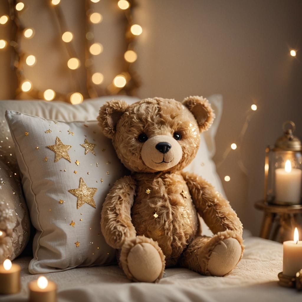 Teddy Bear Ready to Sleep in Miniature Watercolor Room