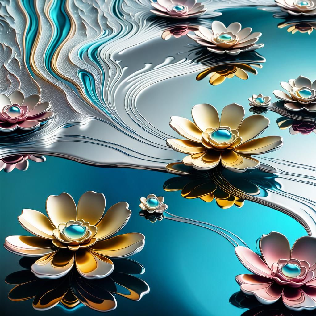 Crystal Flowers Bloom on Silver Lake: Surrealist Oil Paintin...