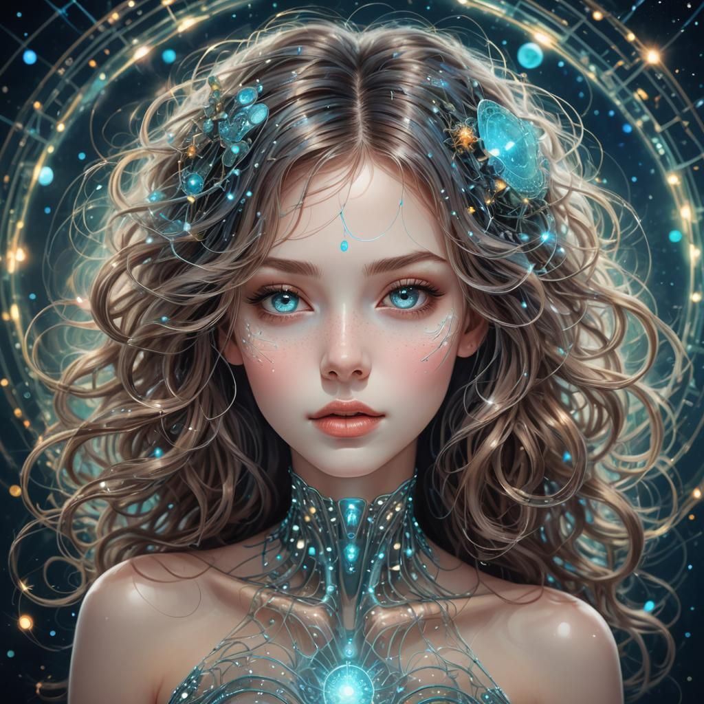 Whimsical Woman with Scientific Code Hair in Cosmo