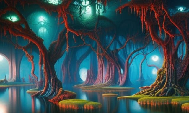 Surreal Landscape with Twisted Trees, Hyperrealistic Paintin...