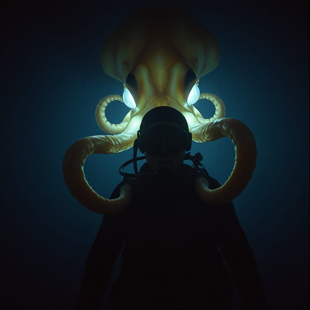 Diver Encountering Bioluminescent Squid in Deep Ocean