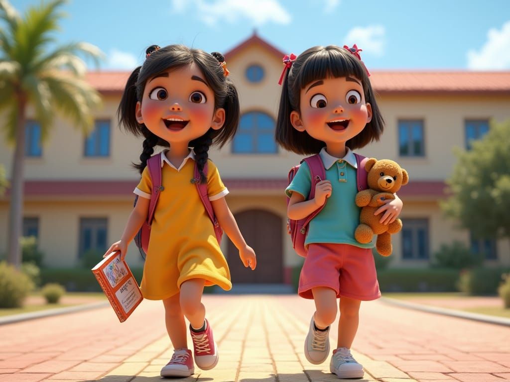 Girls Walk Majestically to School in Vibrant Outfits