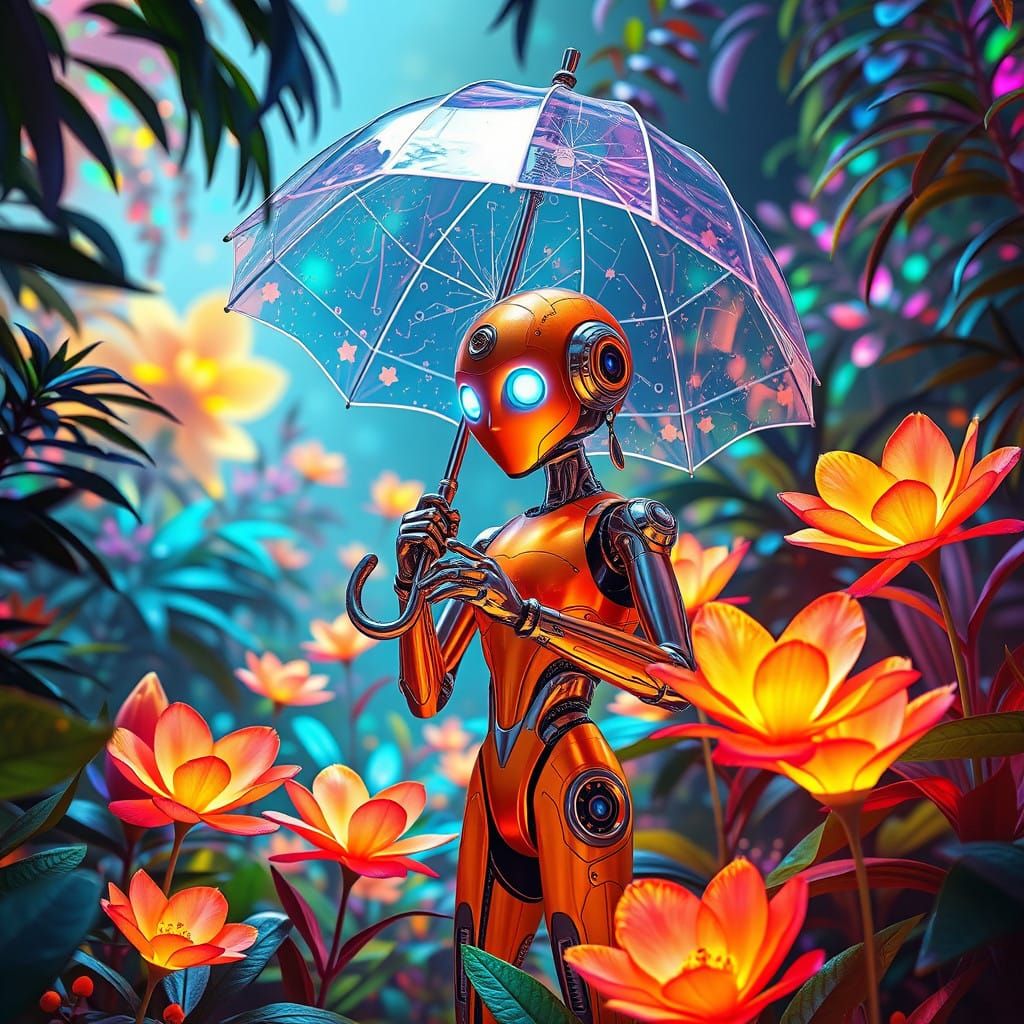 Robot in a Vibrant Futuristic Garden with Neon Umbrella and....