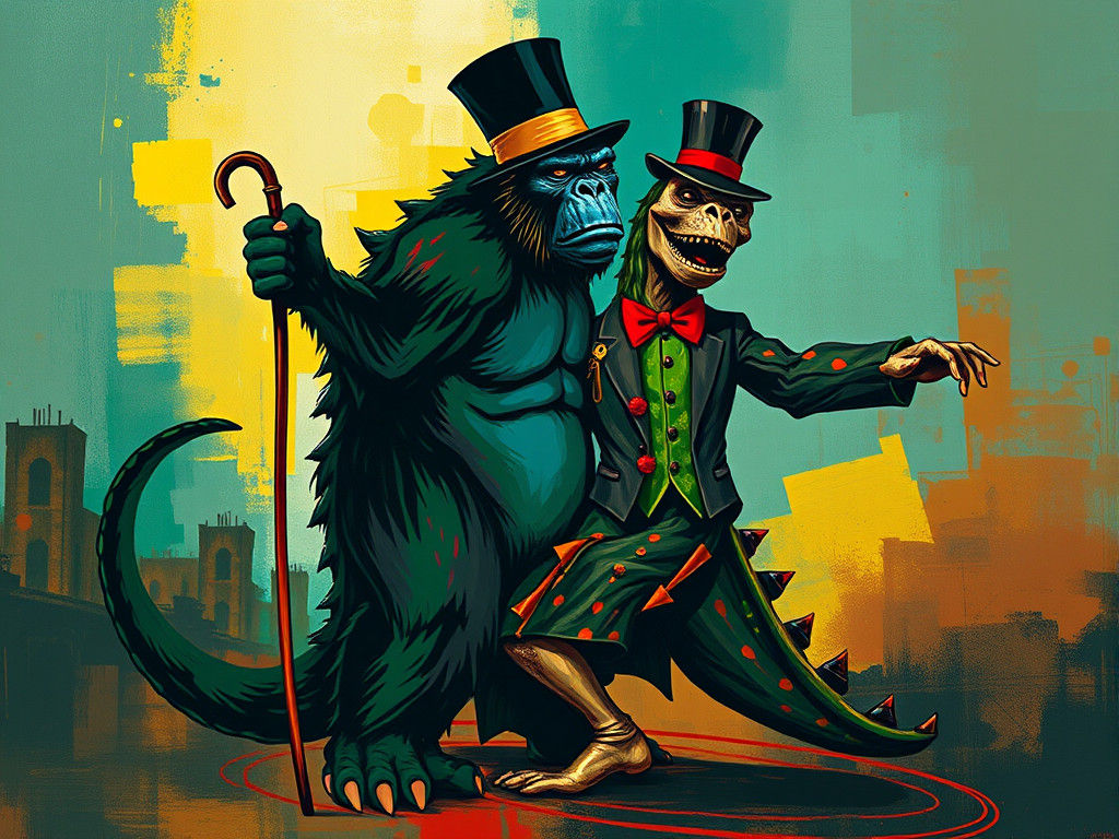 Godzilla and King Kong in Elegant 20th Century Art Style