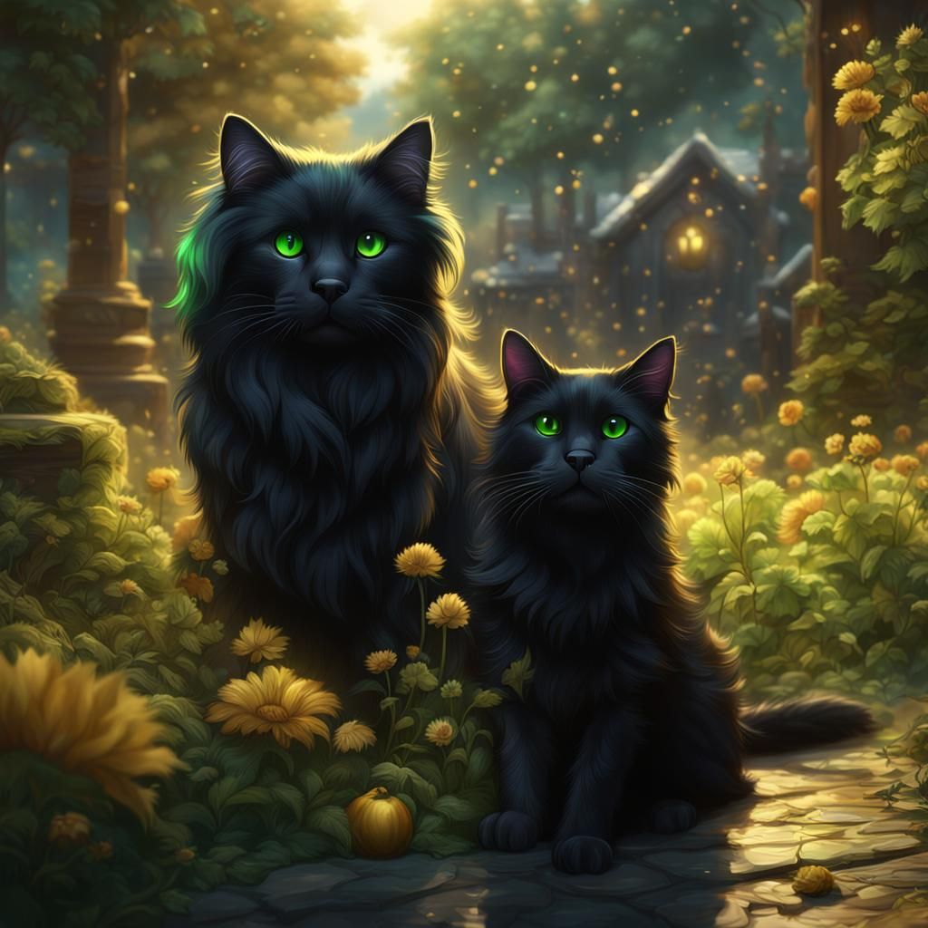 Fantasy Portrait of Black Cat and Golden Retriever