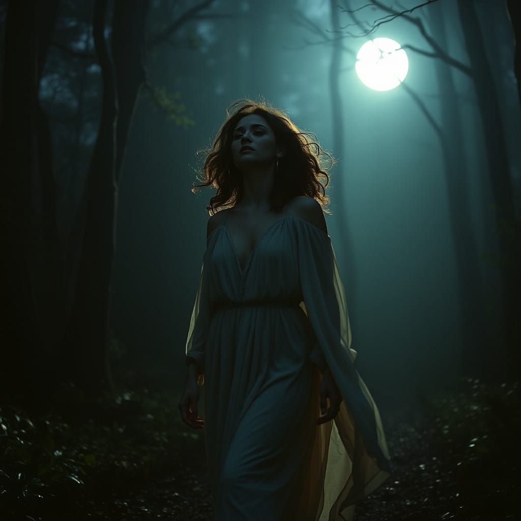 Woman in Mystical Forest Bathed in Moonlight