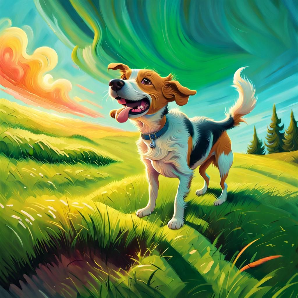 Cartoon Dog Farting on Hill in Oil Painting Style