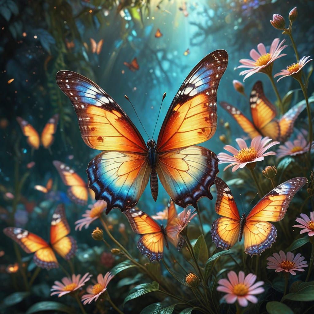 Delicate Butterflies Dance Around a Blooming Flower in Vibra...