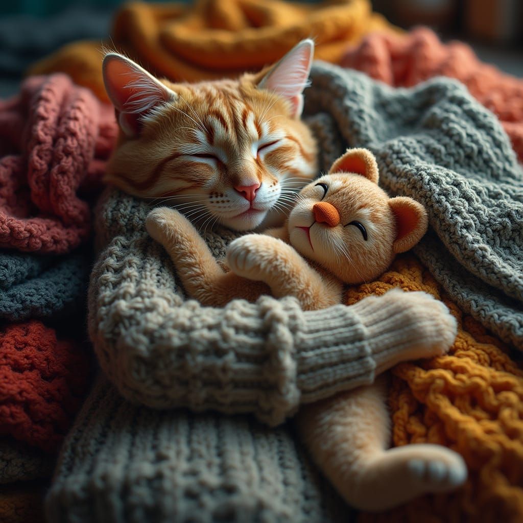 Cat Embracing Toy in Cozy Digital Art