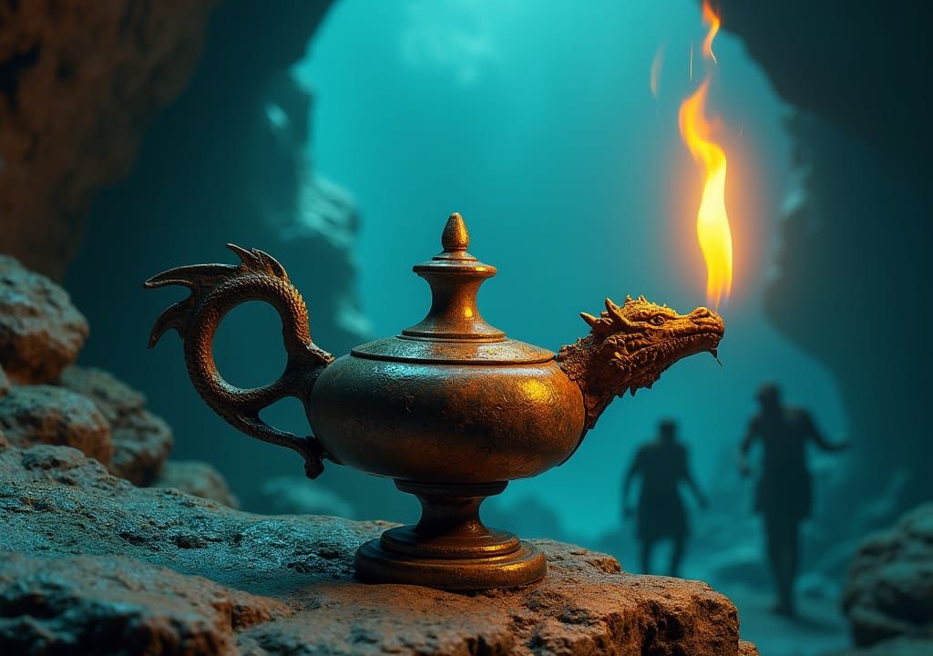Dragon Oil Lamp in Ancient Cave Dreamscape