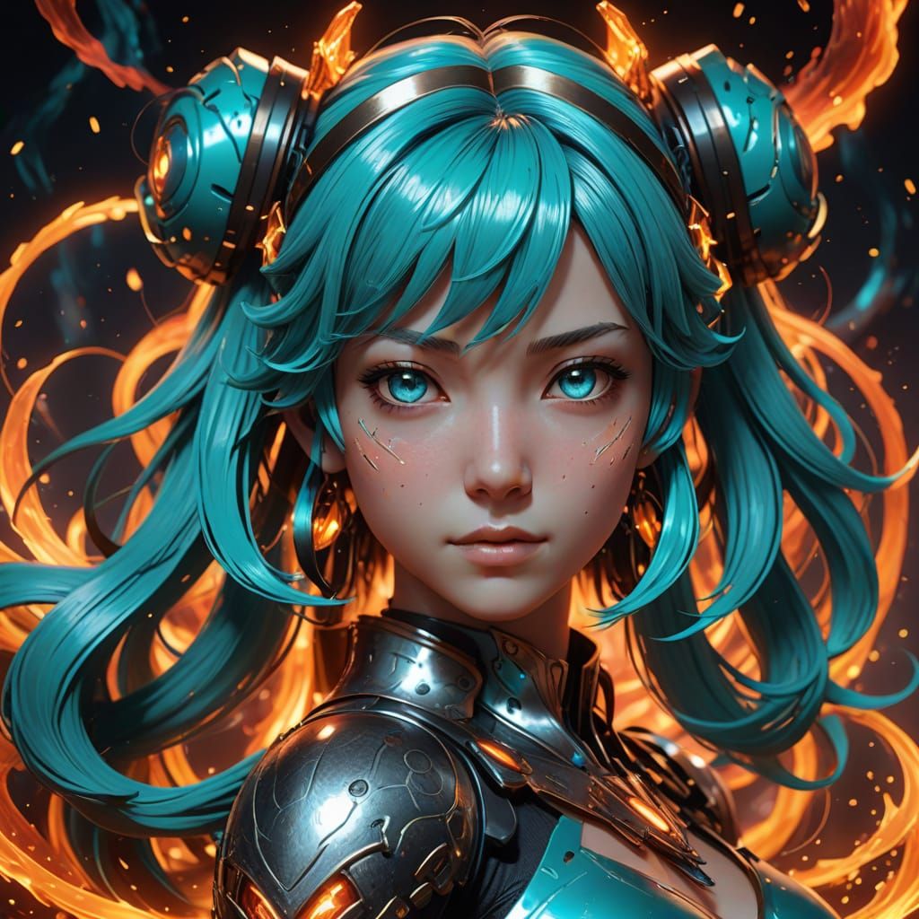 Vibrant Digital Portrait of Hatsune Miku Amidst Swirling Lav...