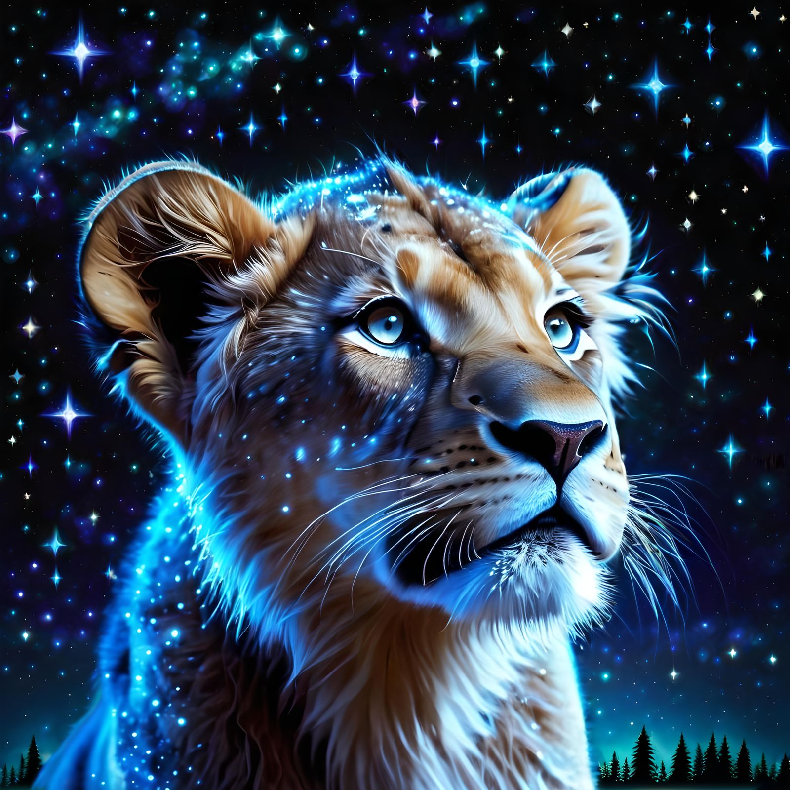 Lion Cub Gazes at Starry Lion in Night Sky