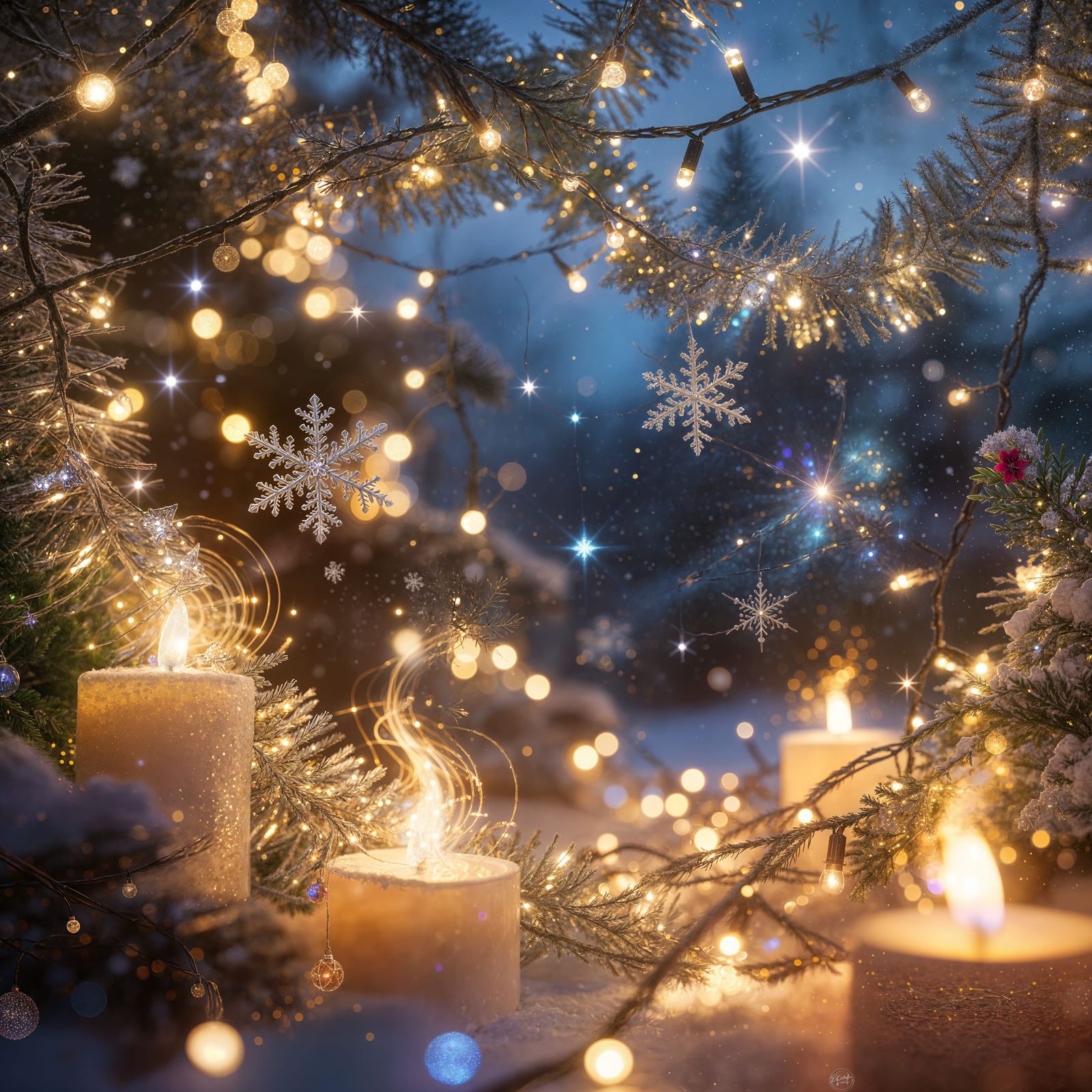 Magical Christmas Twilight Landscape with Twinkling Lights a...