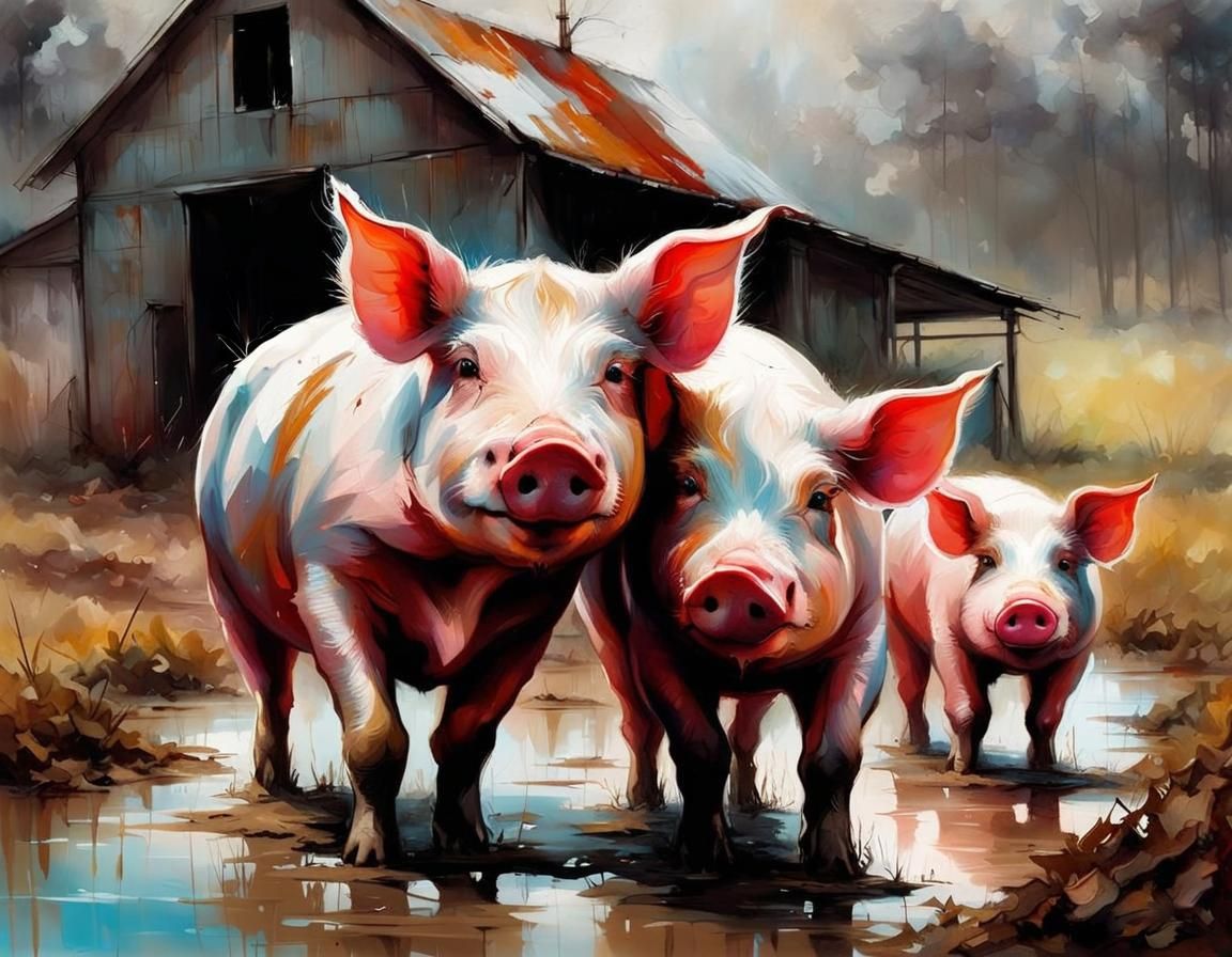 Pigs Enjoying Mud Bath in Colorful Painting