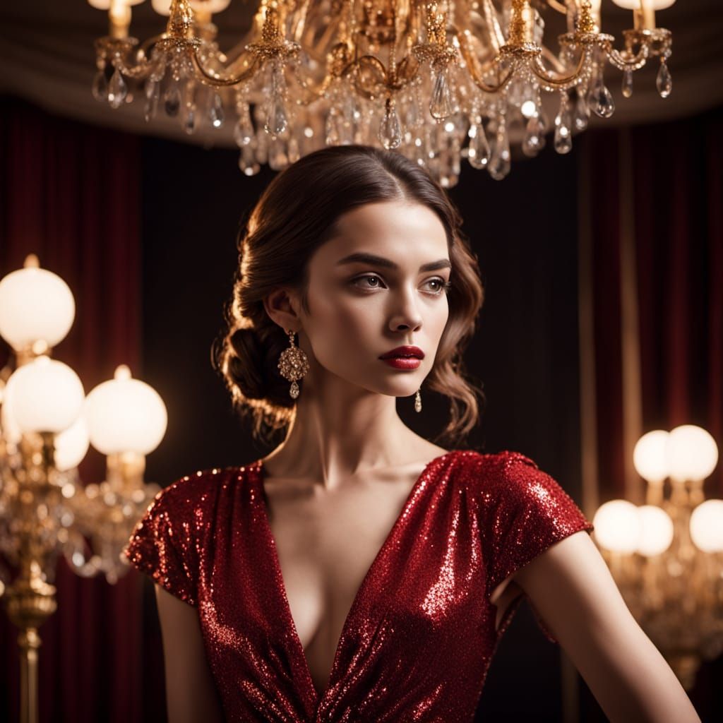 Glamorous Red Sequined Dress Portrait in Luxurious Ballroom