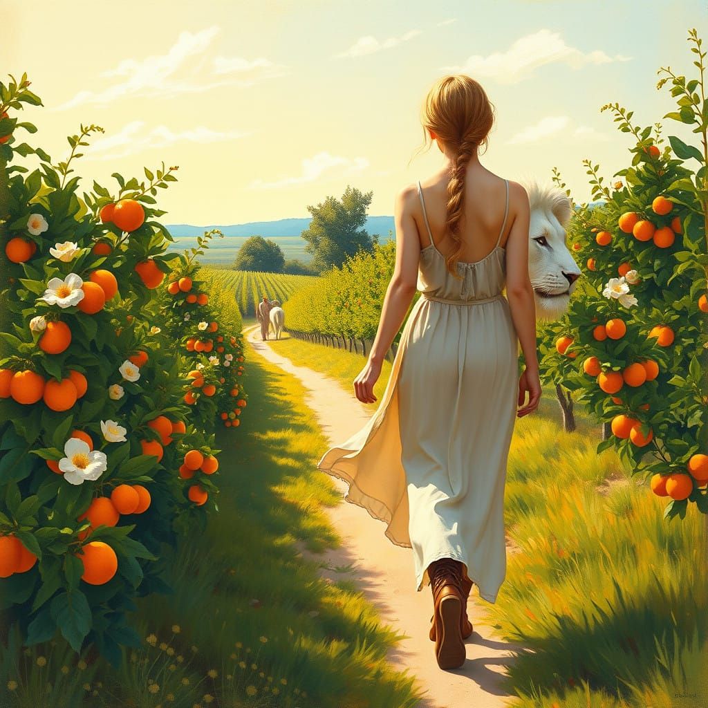 Serene Lady Strolls with Majestic White Lion in Vibrant Oran...