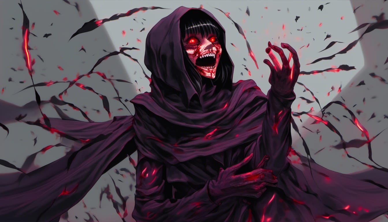 Demonic Nun with Red Eyes in Anime Horror Style