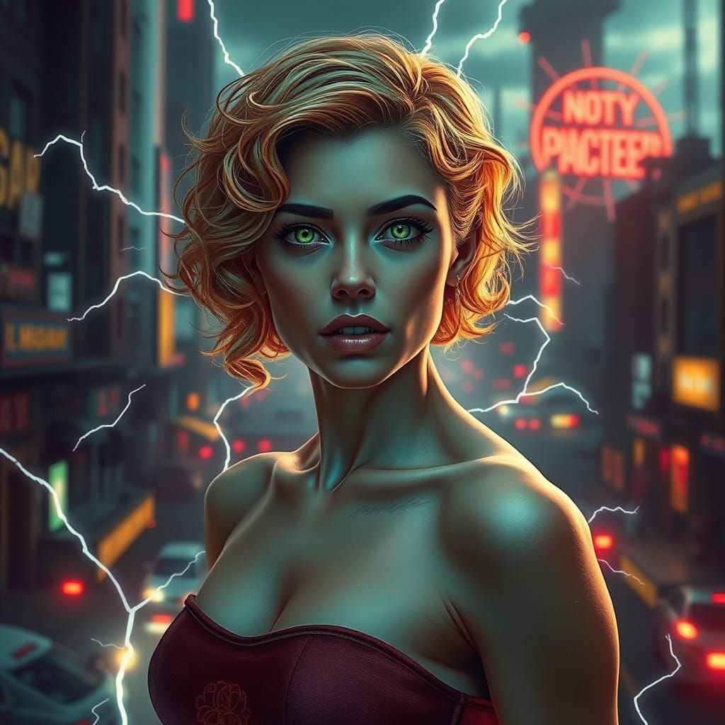 Golden Goddess Wields Sonic Fury in Cyberpunk Metropolis