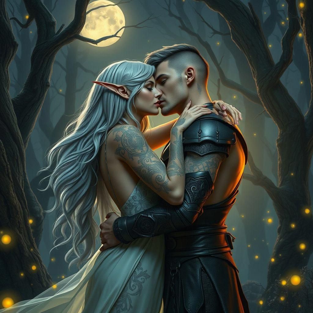 Kissing Elf Couple in 3D Fantasy Illustration