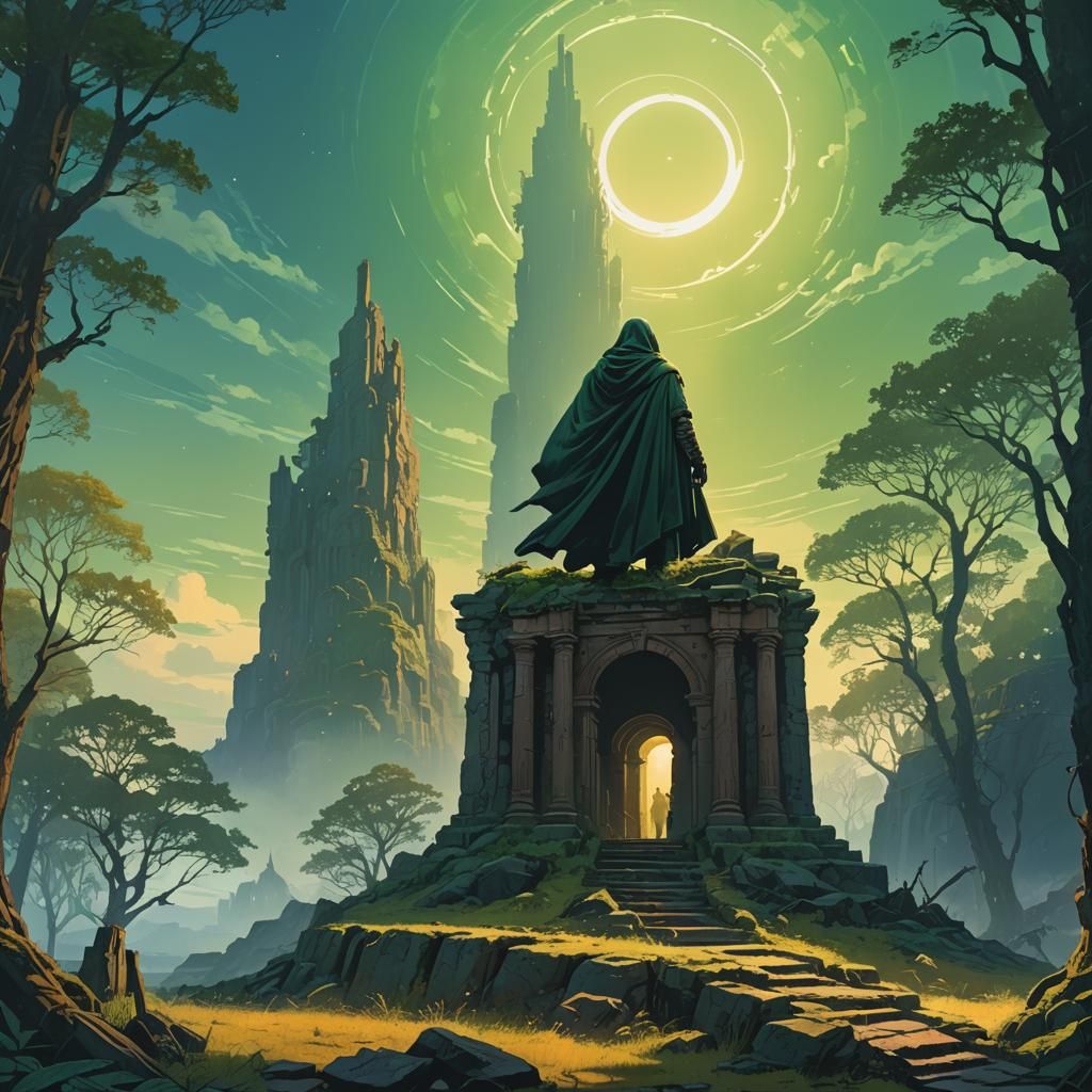 Mystical Hooded Figure in Ancient Ruins