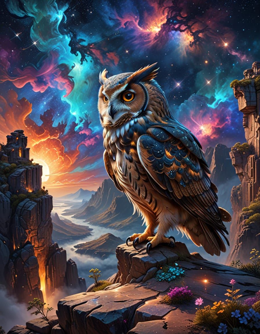 Vibrant Oil Painting of Owl on Cliff Overlooking Nebula